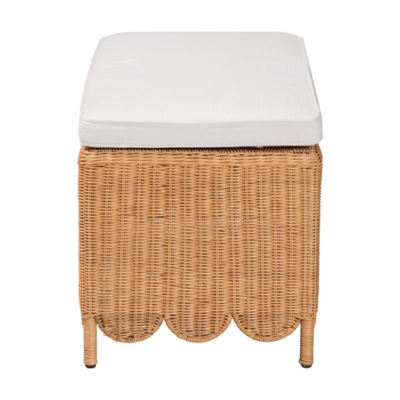 Pemberly Row Light Honey Scalloped Rattan Ottoman Bench with Cushion