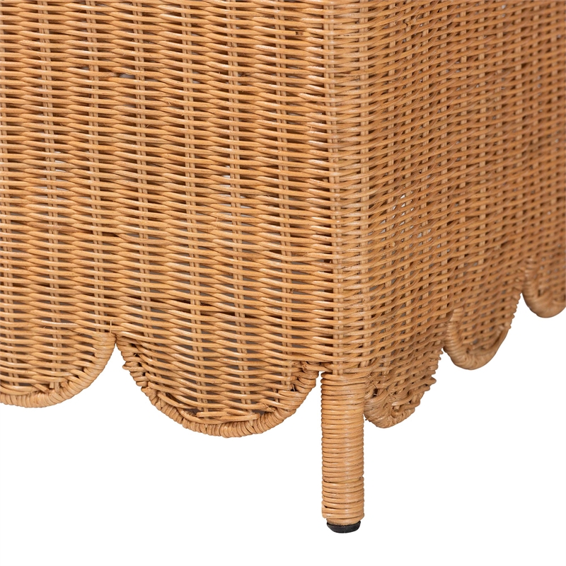 Pemberly Row Light Honey Scalloped Rattan Ottoman Bench with Cushion