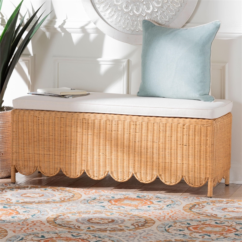 Pemberly Row Light Honey Scalloped Rattan Ottoman Bench with Cushion