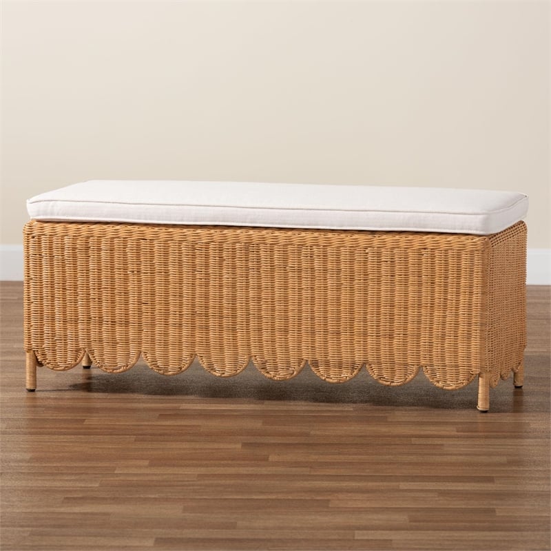 Pemberly Row Light Honey Scalloped Rattan Ottoman Bench with Cushion