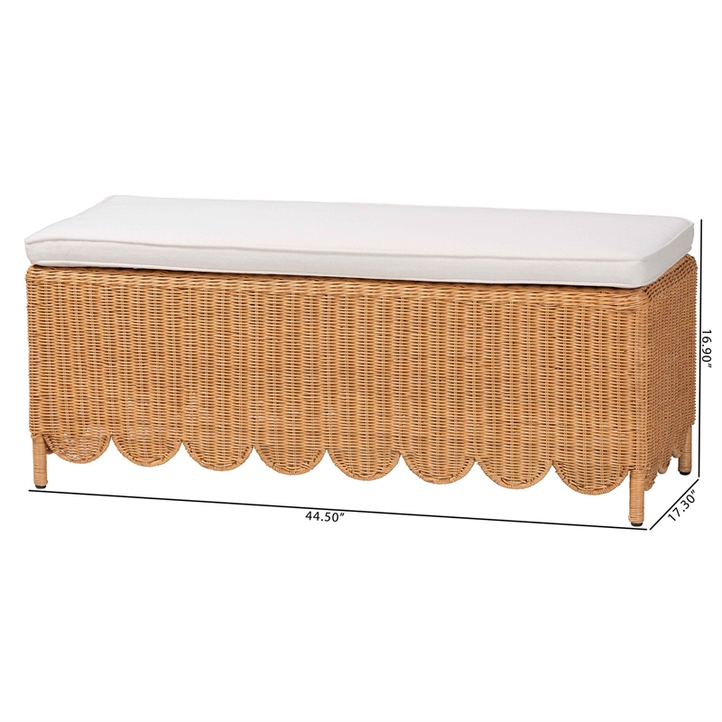 Pemberly Row Light Honey Scalloped Rattan Ottoman Bench with Cushion
