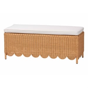 Pemberly Row Light Honey Scalloped Rattan Ottoman Bench with Cushion