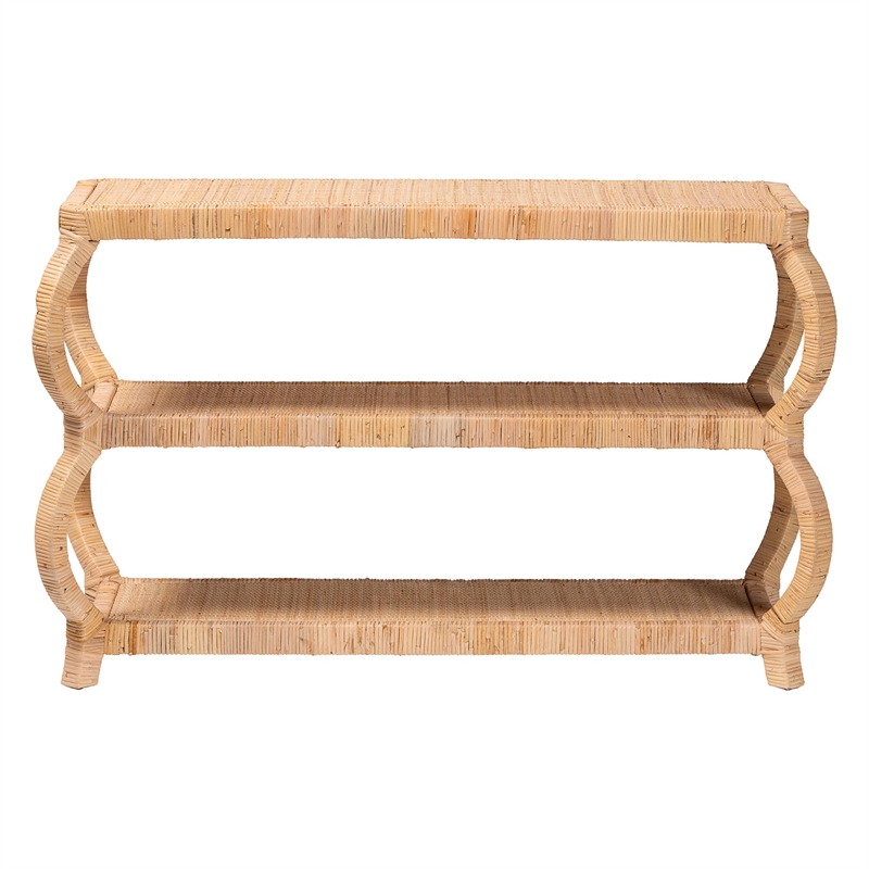 Pemberly Row Natural Rattan 3-Tier Console Table with Rounded Legs