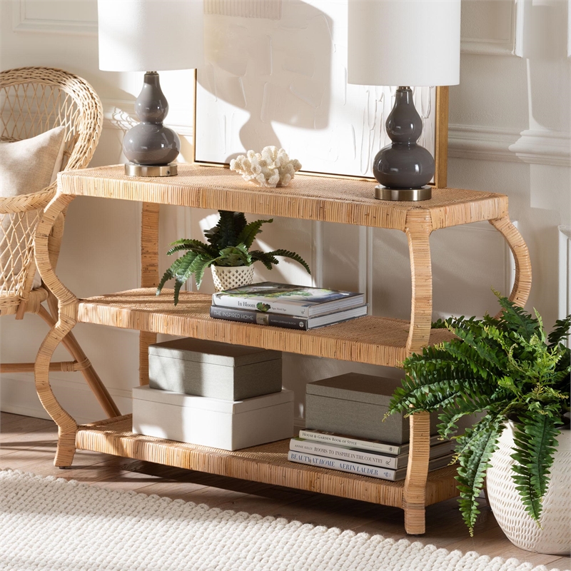 Pemberly Row Natural Rattan 3-Tier Console Table with Rounded Legs