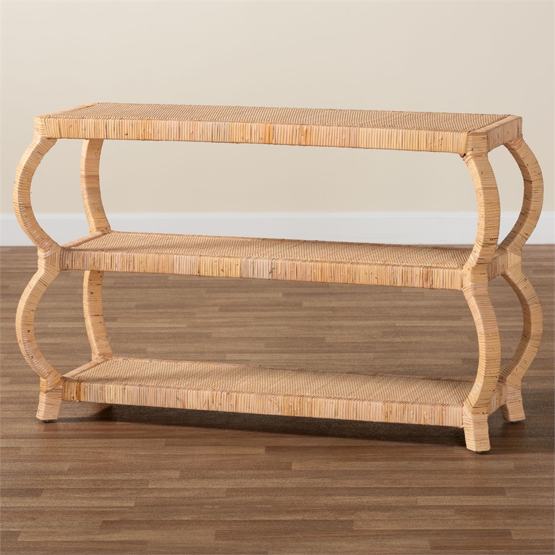Pemberly Row Natural Rattan 3-Tier Console Table with Rounded Legs