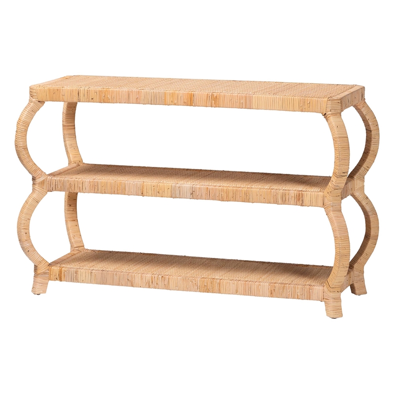 Pemberly Row Natural Rattan 3-Tier Console Table with Rounded Legs