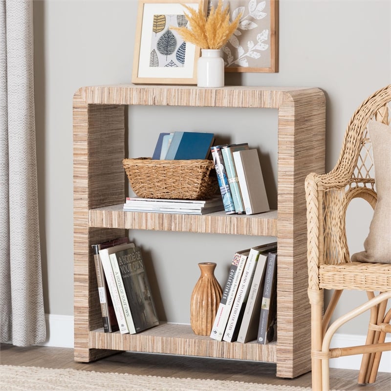 Pemberly Row Woven Grasscloth 2-Shelf Bookshelf with Rounded Corners