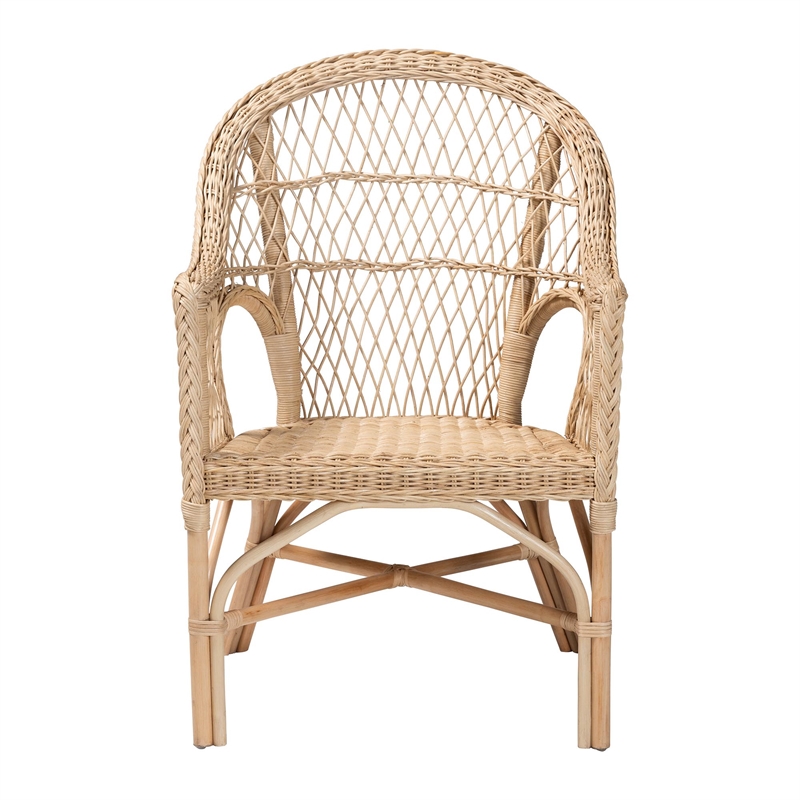 Pemberly Row Natural Rattan Arm Chair with Braided Outline and Angled Legs