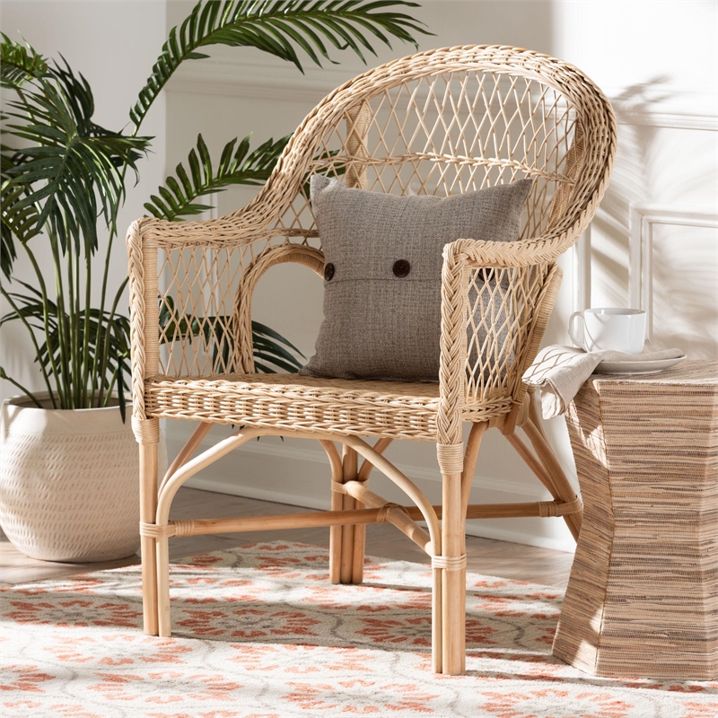 Pemberly Row Natural Rattan Arm Chair with Braided Outline and Angled Legs