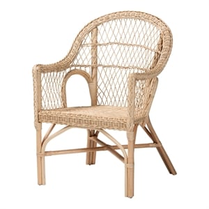 Pemberly Row Natural Rattan Arm Chair with Braided Outline and Angled Legs
