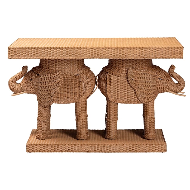 Pemberly Row Contemporary Honey Rattan Elephant Sculpture Console Table