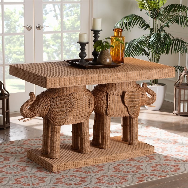Pemberly Row Contemporary Honey Rattan Elephant Sculpture Console Table