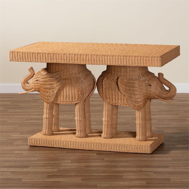 Pemberly Row Contemporary Honey Rattan Elephant Sculpture Console Table