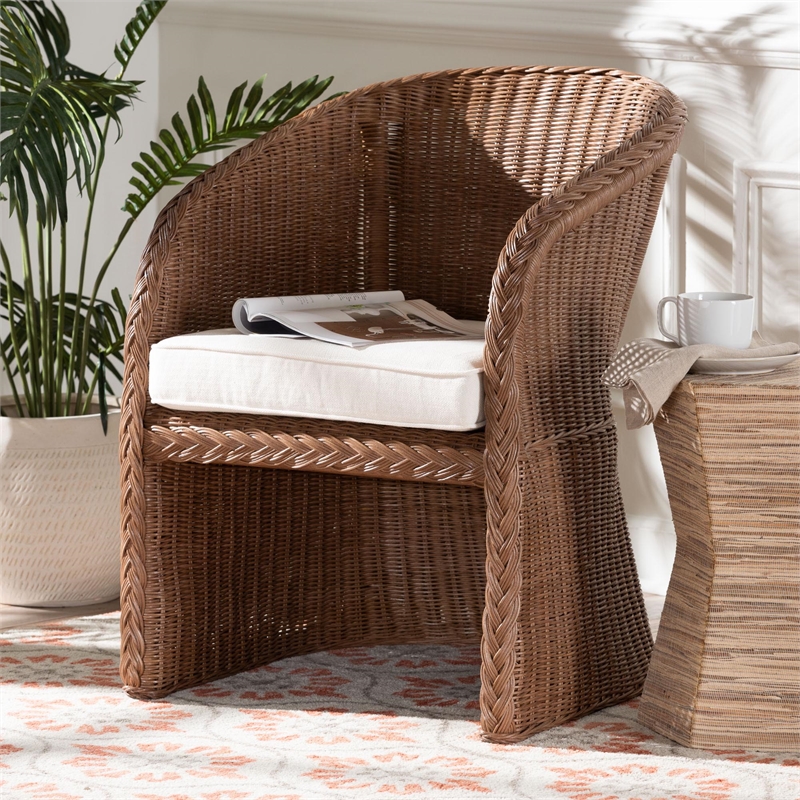 Pemberly Row Peanut Brown Braided Rattan Arm Chair with Cushion