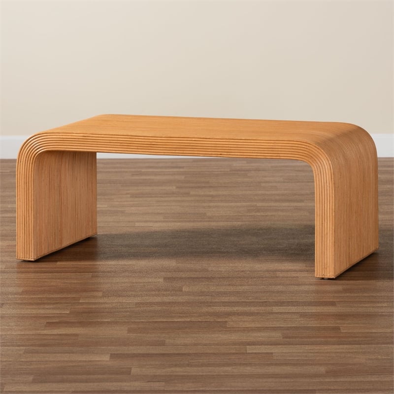 Pemberly Row Light Honey Fluted Rattan Waterfall Coffee Table