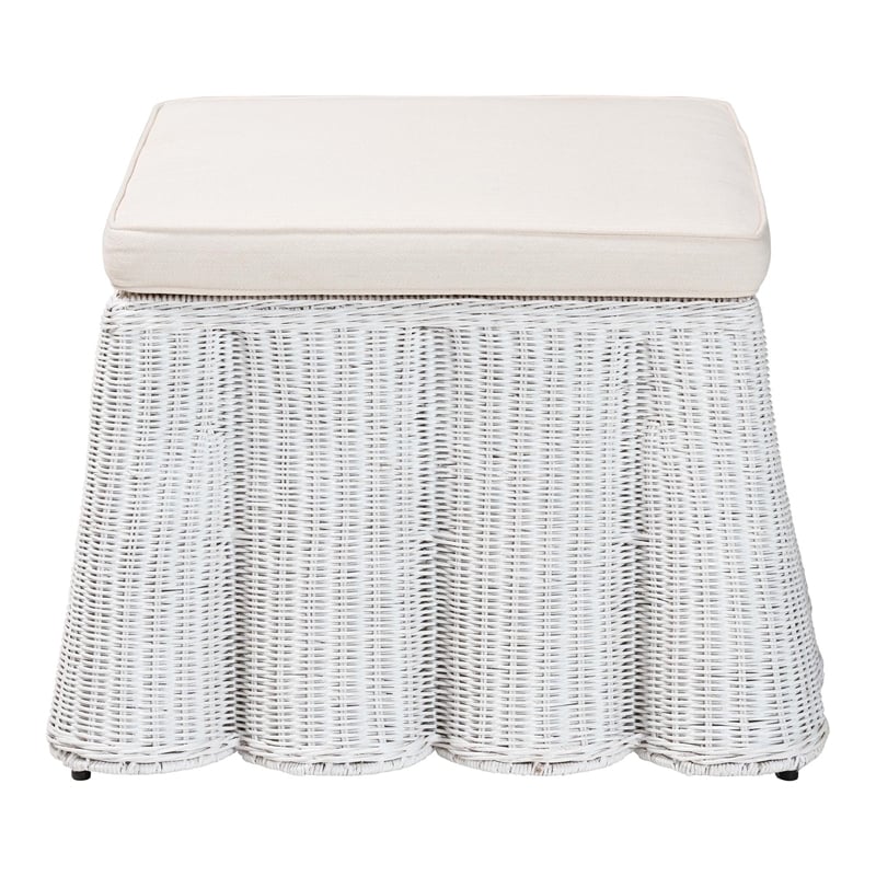 Pemberly Row White Scalloped Rattan Round Ottoman with Cushion