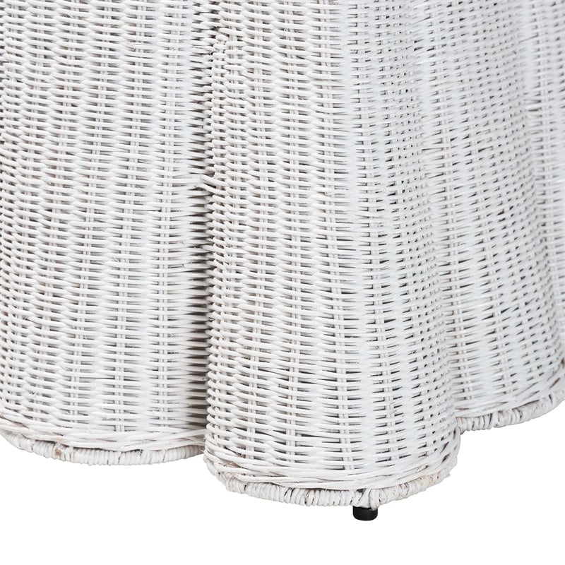 Pemberly Row White Scalloped Rattan Round Ottoman with Cushion