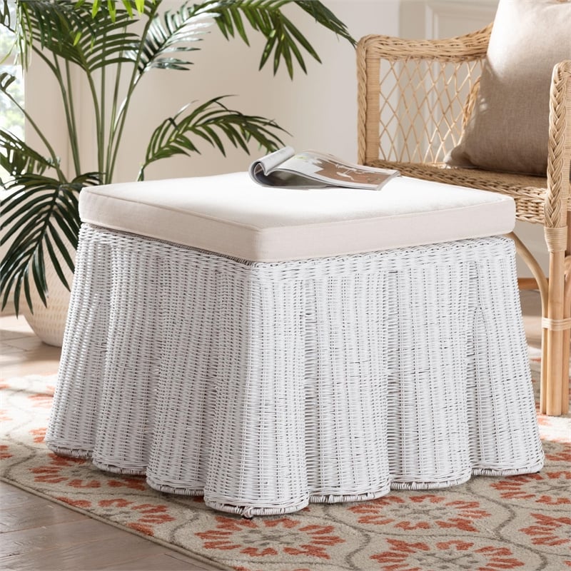 Pemberly Row White Scalloped Rattan Round Ottoman with Cushion