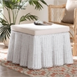 Pemberly Row White Scalloped Rattan Round Ottoman with Cushion
