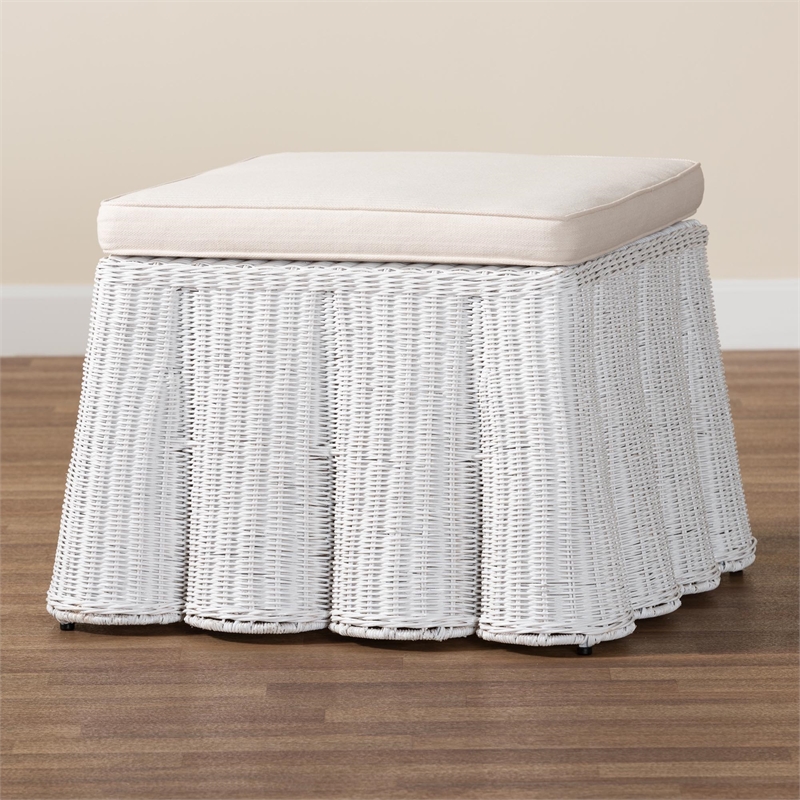 Pemberly Row White Scalloped Rattan Round Ottoman with Cushion