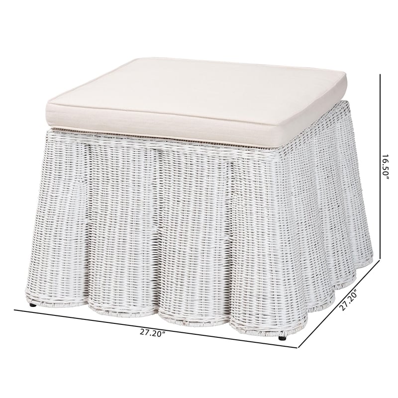Pemberly Row White Scalloped Rattan Round Ottoman with Cushion