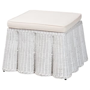 Pemberly Row White Scalloped Rattan Round Ottoman with Cushion