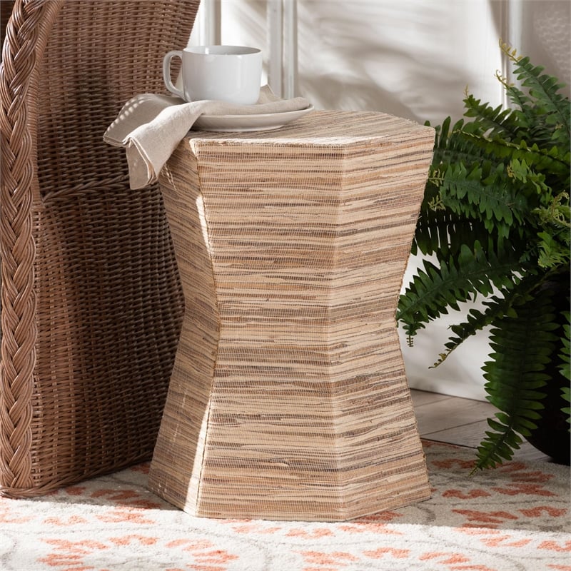 Pemberly Row Woven Grasscloth Hourglass End Table with Hexagon Top