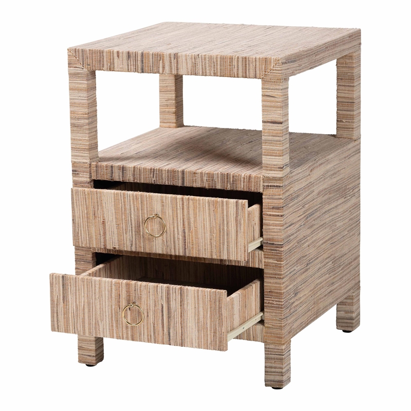 Pemberly Row Woven Grasscloth 2-Drawer Nightstand with Metal Ring Pulls