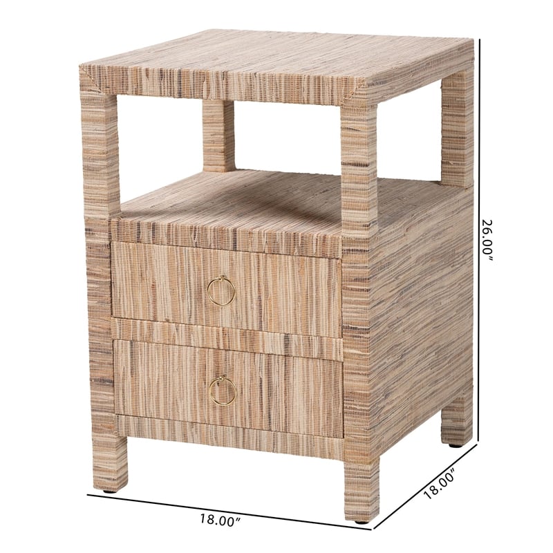 Pemberly Row Woven Grasscloth 2-Drawer Nightstand with Metal Ring Pulls