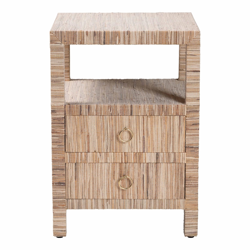 Pemberly Row Woven Grasscloth 2-Drawer Nightstand with Metal Ring Pulls