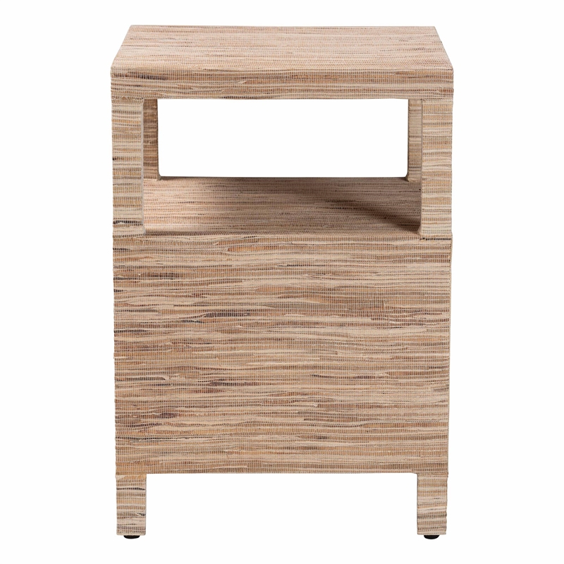 Pemberly Row Woven Grasscloth 2-Drawer Nightstand with Metal Ring Pulls
