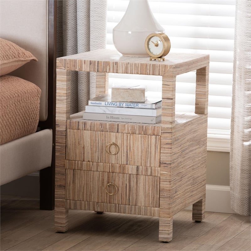 Pemberly Row Woven Grasscloth 2-Drawer Nightstand with Metal Ring Pulls