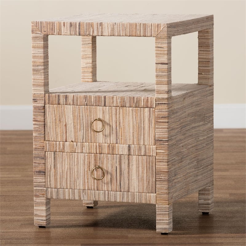 Pemberly Row Woven Grasscloth 2-Drawer Nightstand with Metal Ring Pulls