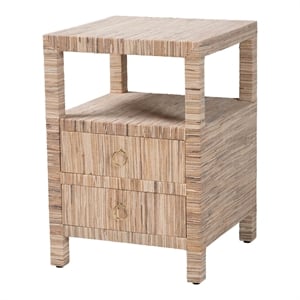 Pemberly Row Woven Grasscloth 2-Drawer Nightstand with Metal Ring Pulls