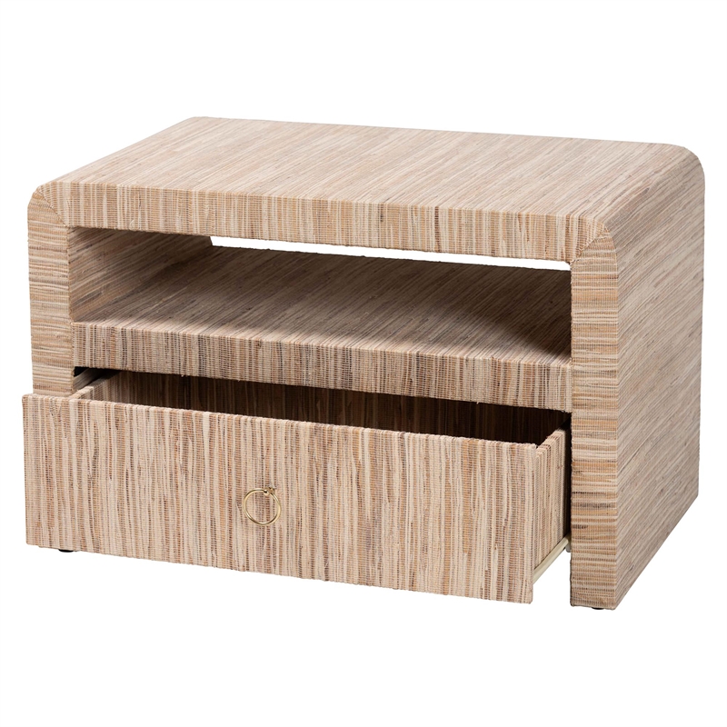 Pemberly Row Woven Grasscloth 1-Drawer Nightstand with Open Shelf