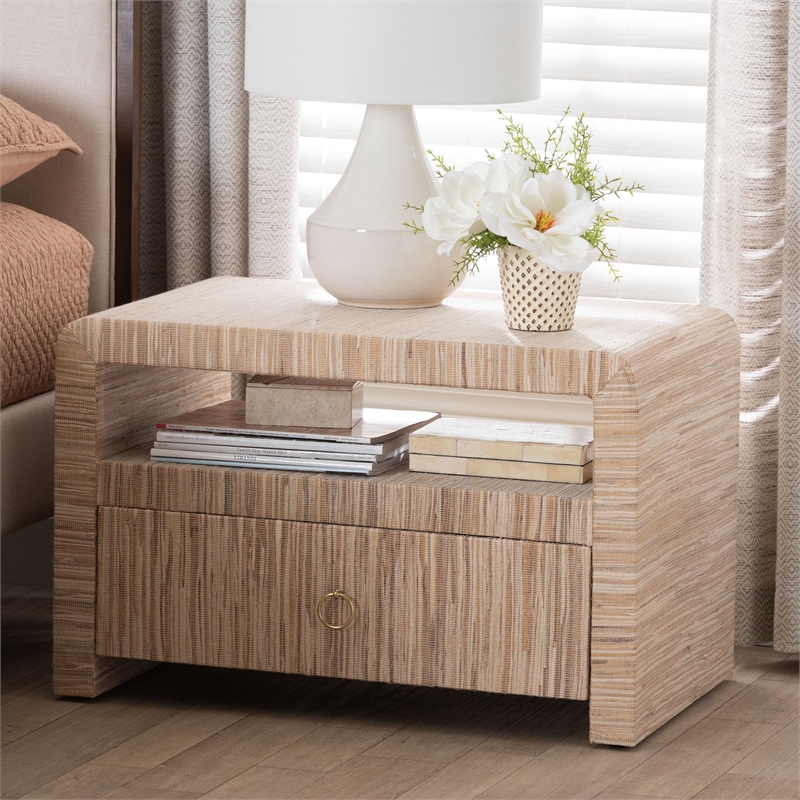 Pemberly Row Woven Grasscloth 1-Drawer Nightstand with Open Shelf