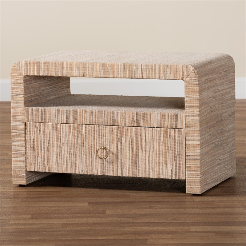 Pemberly Row Woven Grasscloth 1-Drawer Nightstand with Open Shelf