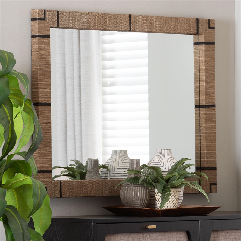 Pemberly Row Contemporary Woven Grasscloth Rectangle Accent Wall Mirror