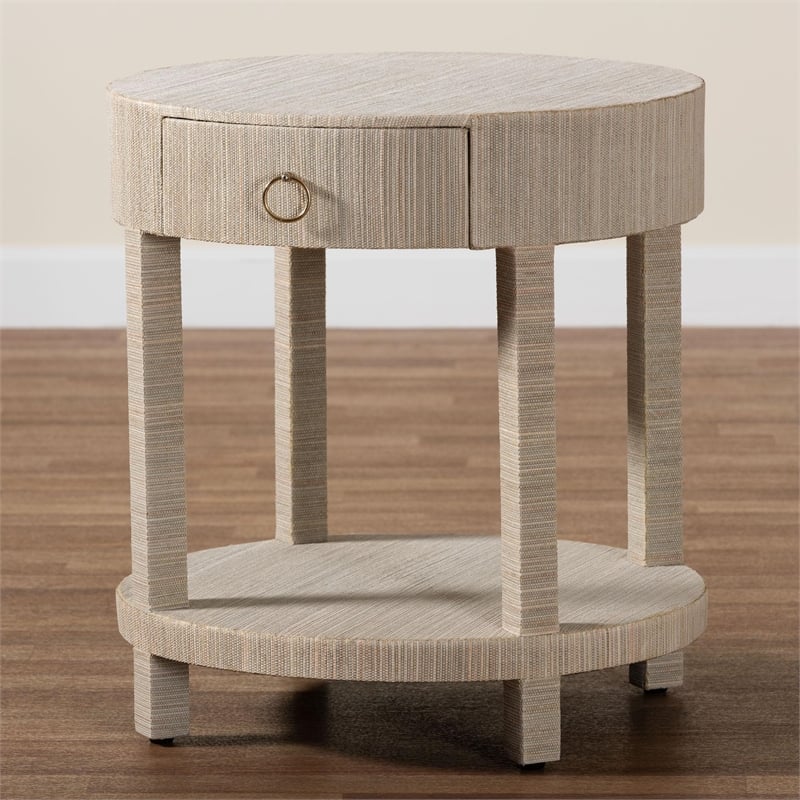 Pemberly Row Woven Grasscloth 1-Drawer Nightstand with Round Top