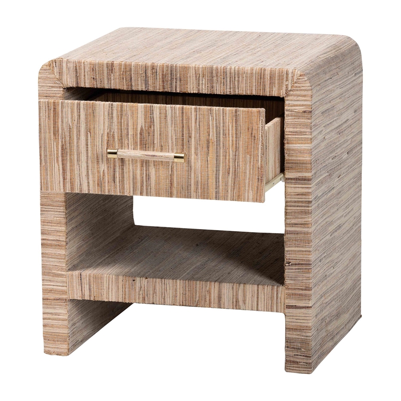 Pemberly Row Woven Grasscloth 1-Drawer Nightstand with Metal Cap Handle