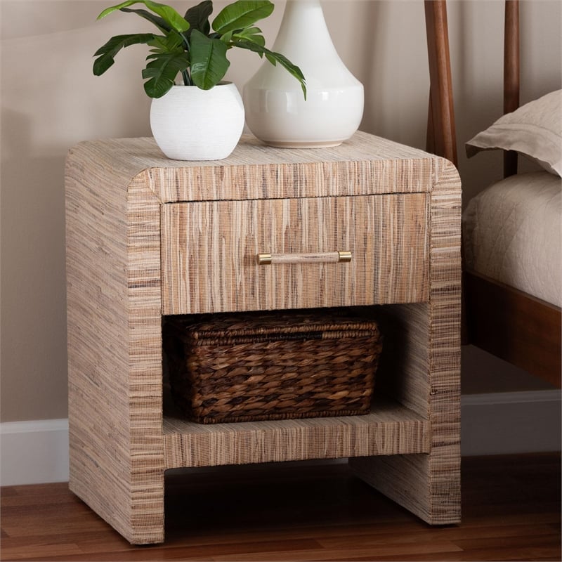 Pemberly Row Woven Grasscloth 1-Drawer Nightstand with Metal Cap Handle