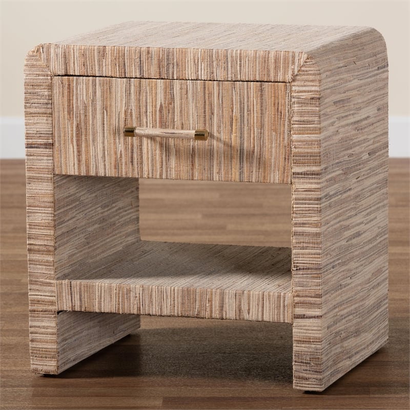 Pemberly Row Woven Grasscloth 1-Drawer Nightstand with Metal Cap Handle