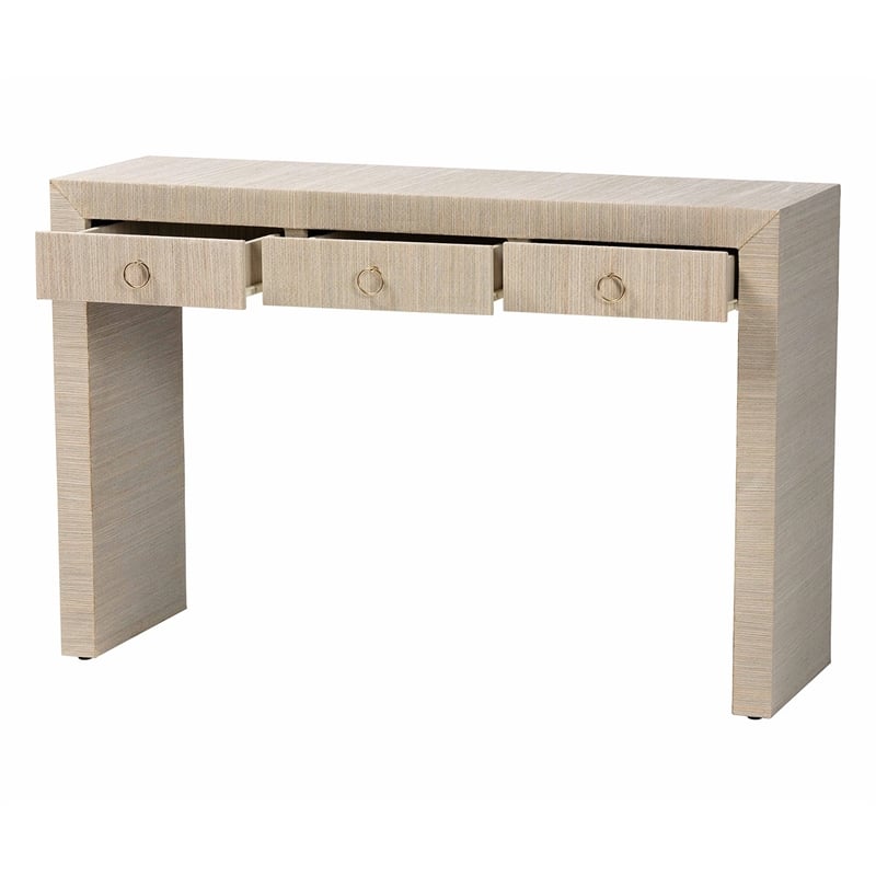 Pemberly Row Woven Grasscloth 3-Drawer Waterfall Console Table