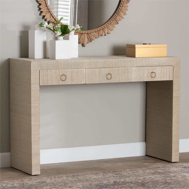 Pemberly Row Woven Grasscloth 3-Drawer Waterfall Console Table