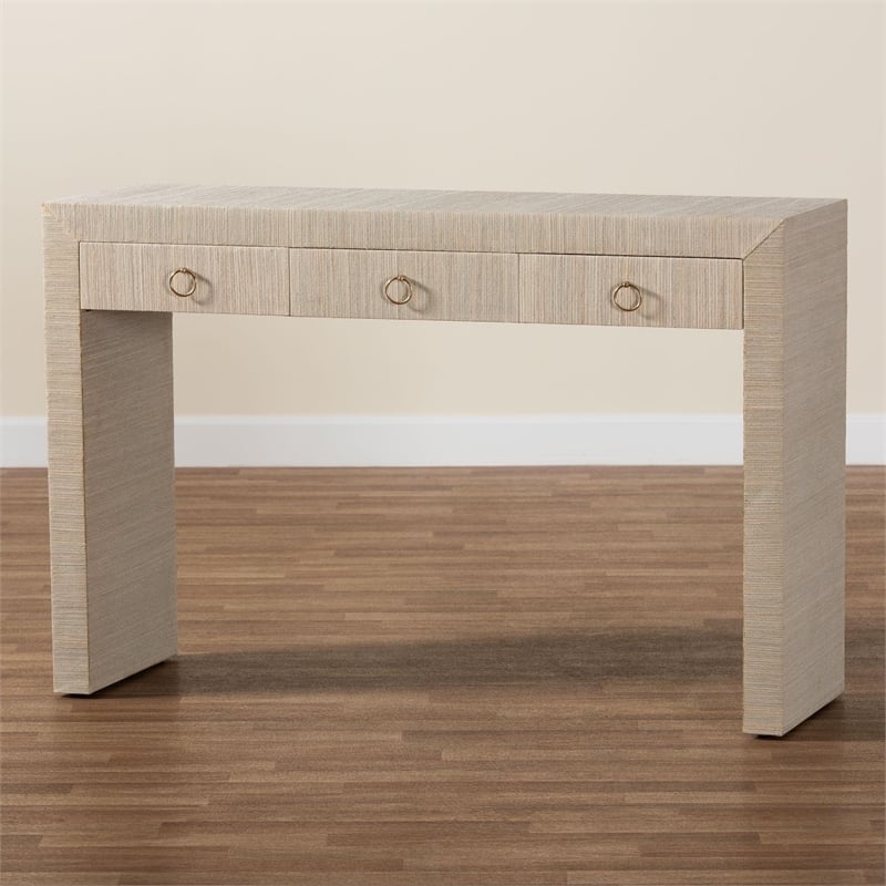 Pemberly Row Woven Grasscloth 3-Drawer Waterfall Console Table