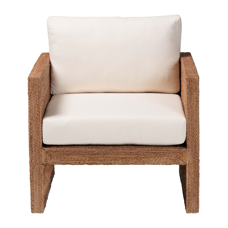 Pemberly Row Bleached Seagrass Tuxedo Arm Chair with Cushions