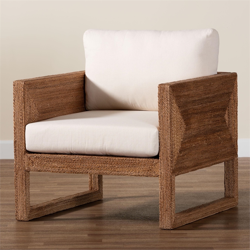 Pemberly Row Bleached Seagrass Tuxedo Arm Chair with Cushions
