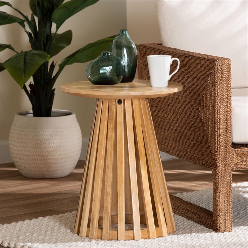 Pemberly Row Contemporary Slatted Acacia Wood Round Pedestal End Table