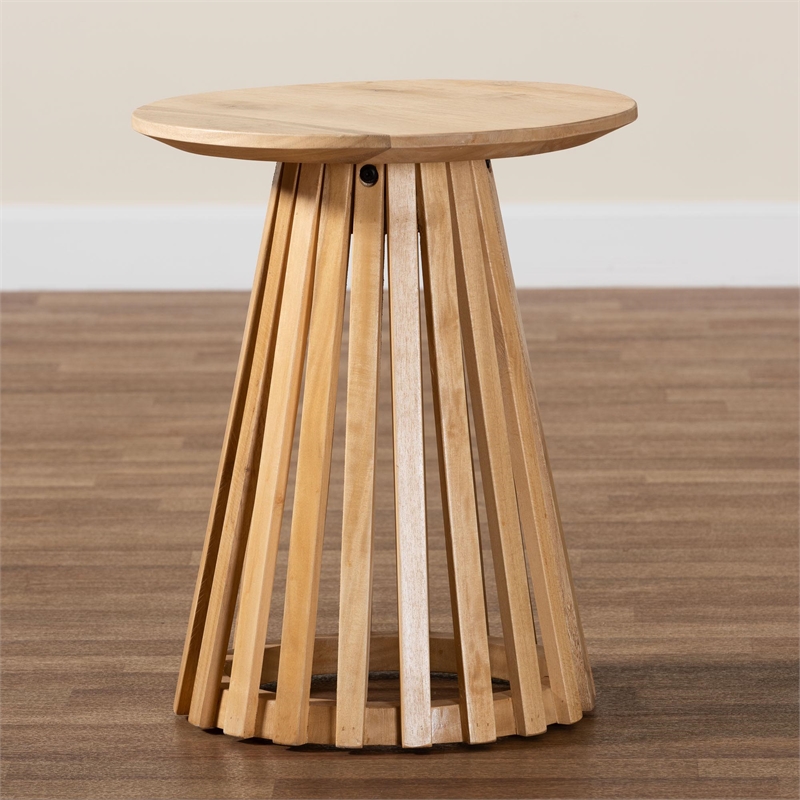 Pemberly Row Contemporary Slatted Acacia Wood Round Pedestal End Table