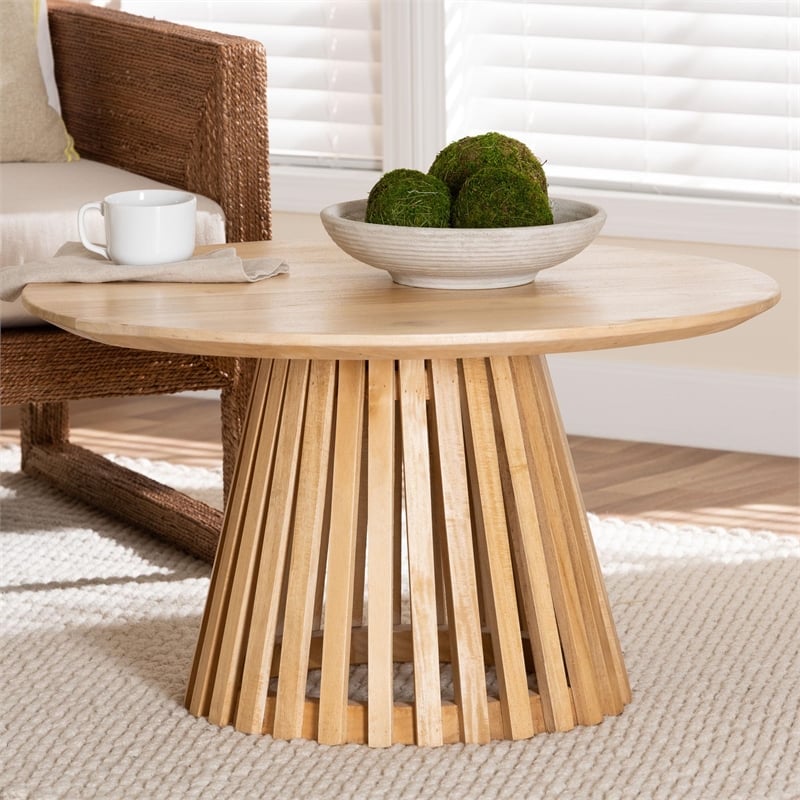 Pemberly Row Slatted Acacia Wood Round Pedestal Coffee Table